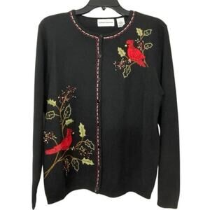 Alfred Dunner Black Wool Robin Embroidered Holiday Grandma Cardigan Sweater LRG
